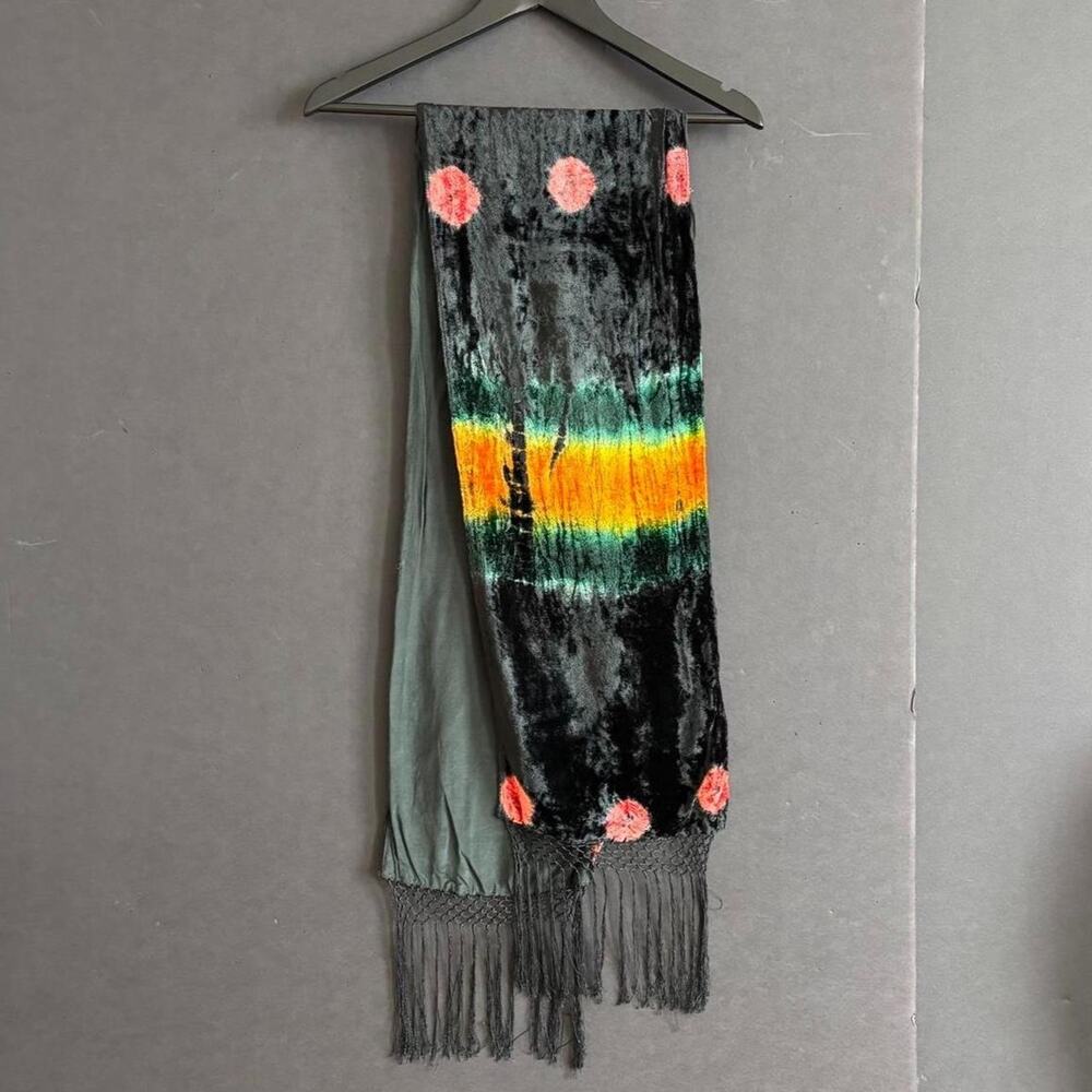 Black Silk Velvet multicolor Scarf w/ Long Knotted Fringe